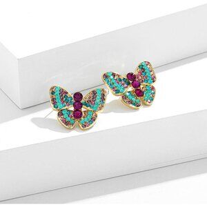 Women's Colorful Rhinestones Gold Plated Beauty Butterfly Statement Earrings
